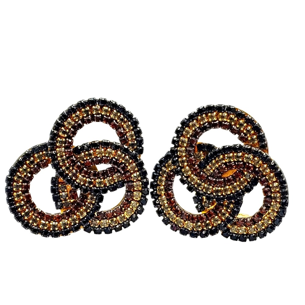 Roxanne Assoulin Clip Earrings Black Gold Brown Crystal Infinity Knot Runway Vtg